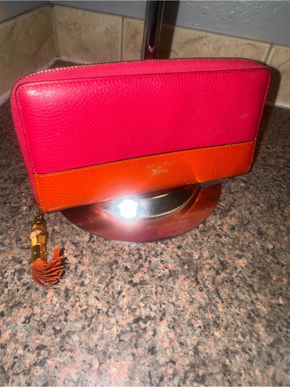 Gucci bamboo Pink and Orange Leather Zip-Around Wallet with COA